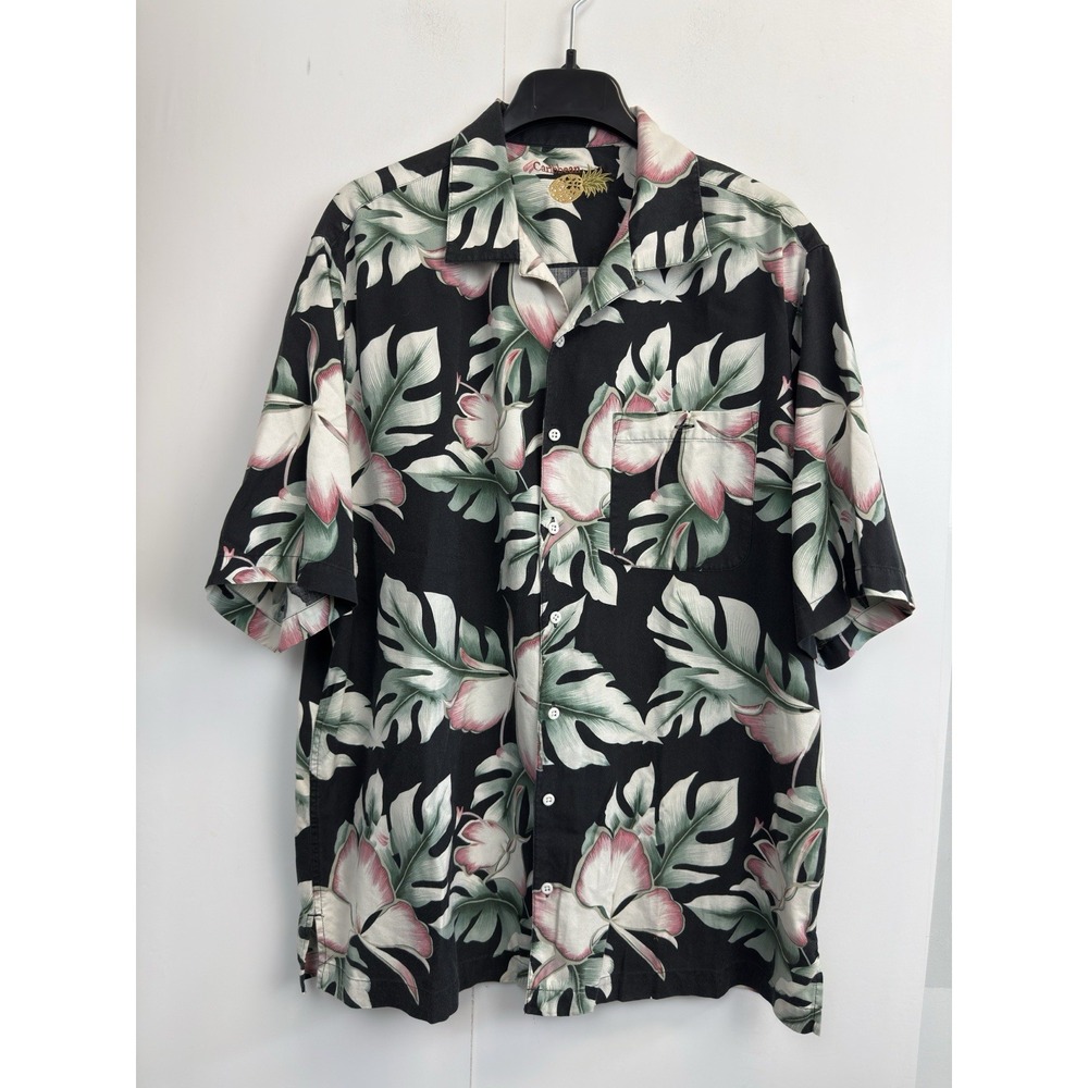 Caribbean Hawaiian Camp Shirt Men's L Silk Blend Short Sleeve Button‎ Up Black